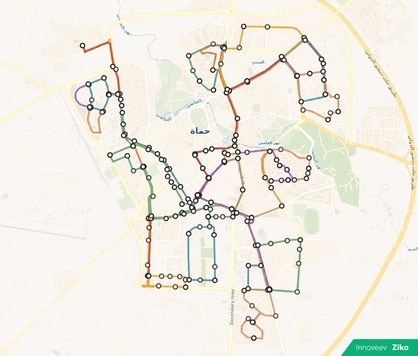 Early version of the Hama public transport map showing bus routes, by Innoveev