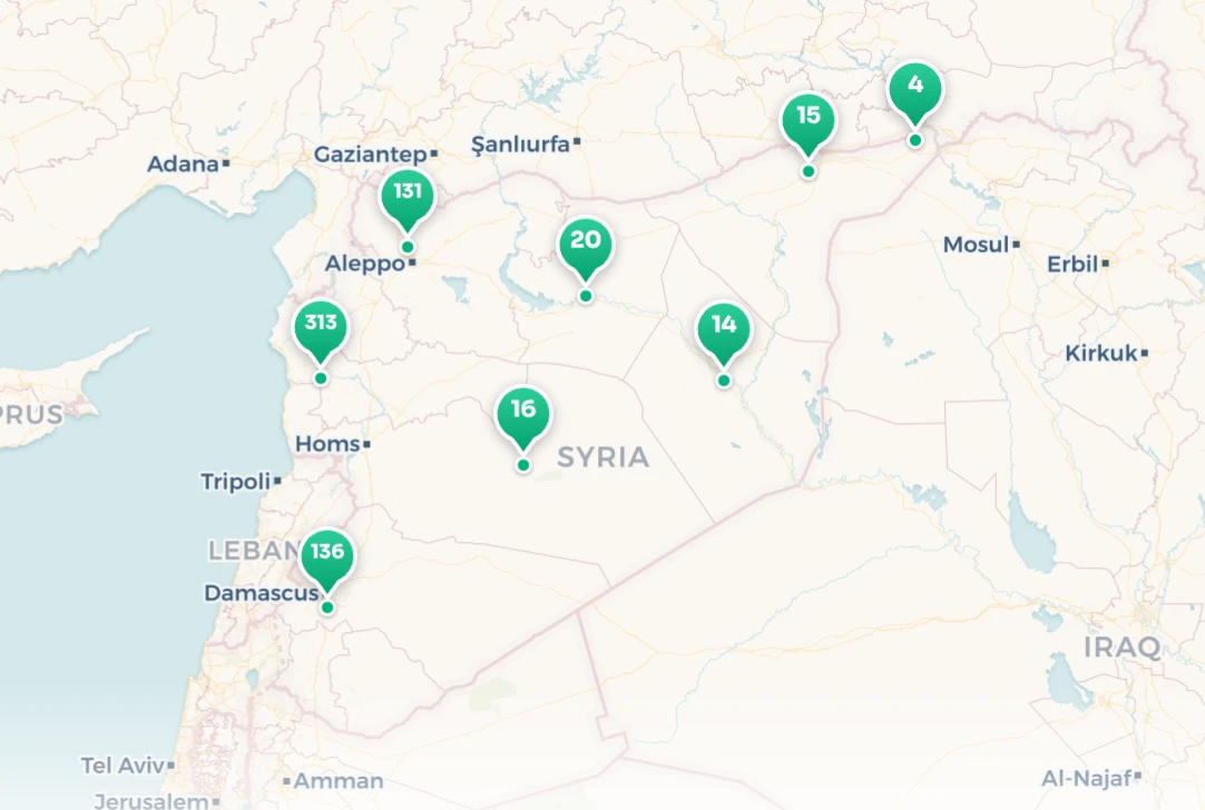 The Ziko Travel map of Syria with green cluster pins counting attraction points per region